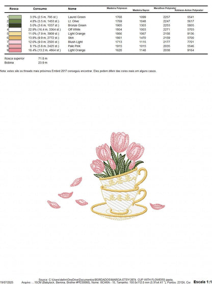 Coffee Cup with flower embroidery designs - Floral Kitchen Towel motiv machine embroidery pattern - Instant digital download pes dst jef hus