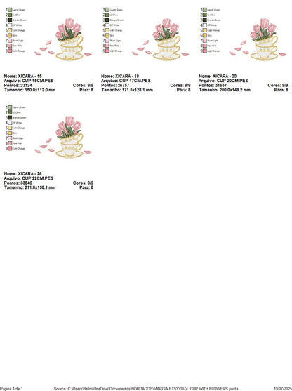 Coffee Cup with flower embroidery designs - Floral Kitchen Towel motiv machine embroidery pattern - Instant digital download pes dst jef hus