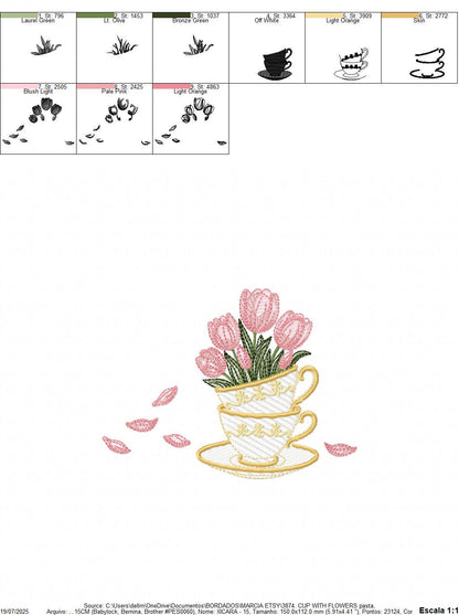 Coffee Cup with flower embroidery designs - Floral Kitchen Towel motiv machine embroidery pattern - Instant digital download pes dst jef hus