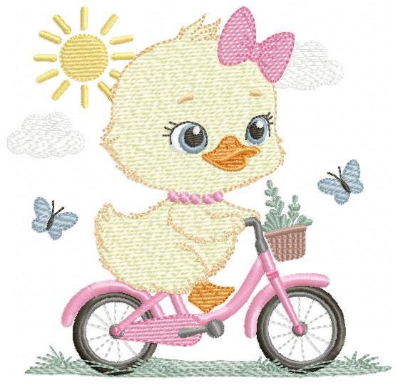 Duck embroidery design - Baby girl duck with bike machine embroidery pattern - Duck with bike and butterflies - Instant digital download pes