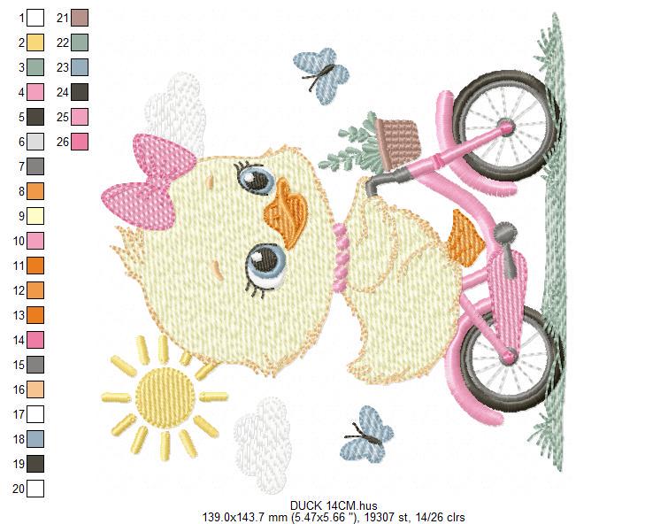 Duck embroidery design - Baby girl duck with bike machine embroidery pattern - Duck with bike and butterflies - Instant digital download pes