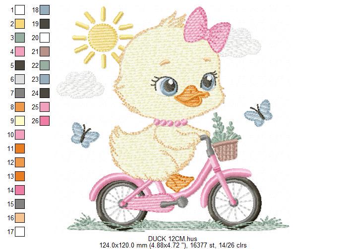 Duck embroidery design - Baby girl duck with bike machine embroidery pattern - Duck with bike and butterflies - Instant digital download pes