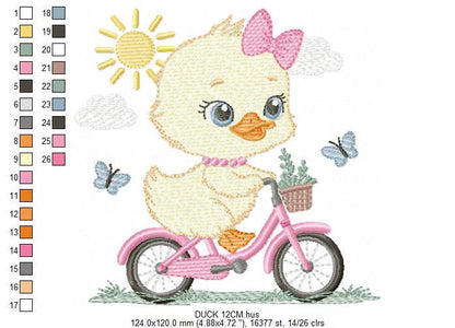 Duck embroidery design - Baby girl duck with bike machine embroidery pattern - Duck with bike and butterflies - Instant digital download pes