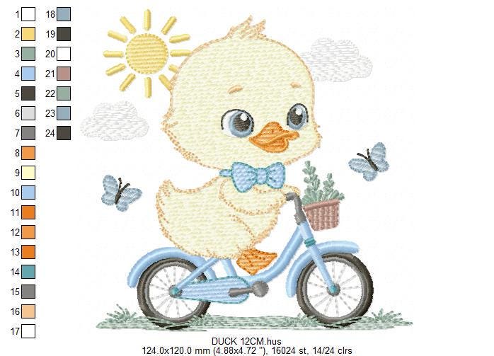 Duck embroidery design - Baby boy duck with bike machine embroidery pattern - Duck with bike and butterflies - Instant download pes jef dst