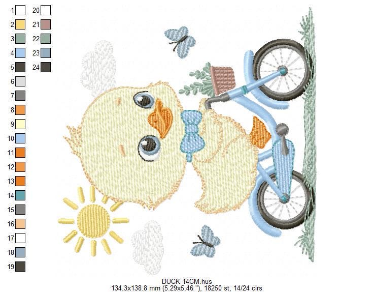 Duck embroidery design - Baby boy duck with bike machine embroidery pattern - Duck with bike and butterflies - Instant download pes jef dst