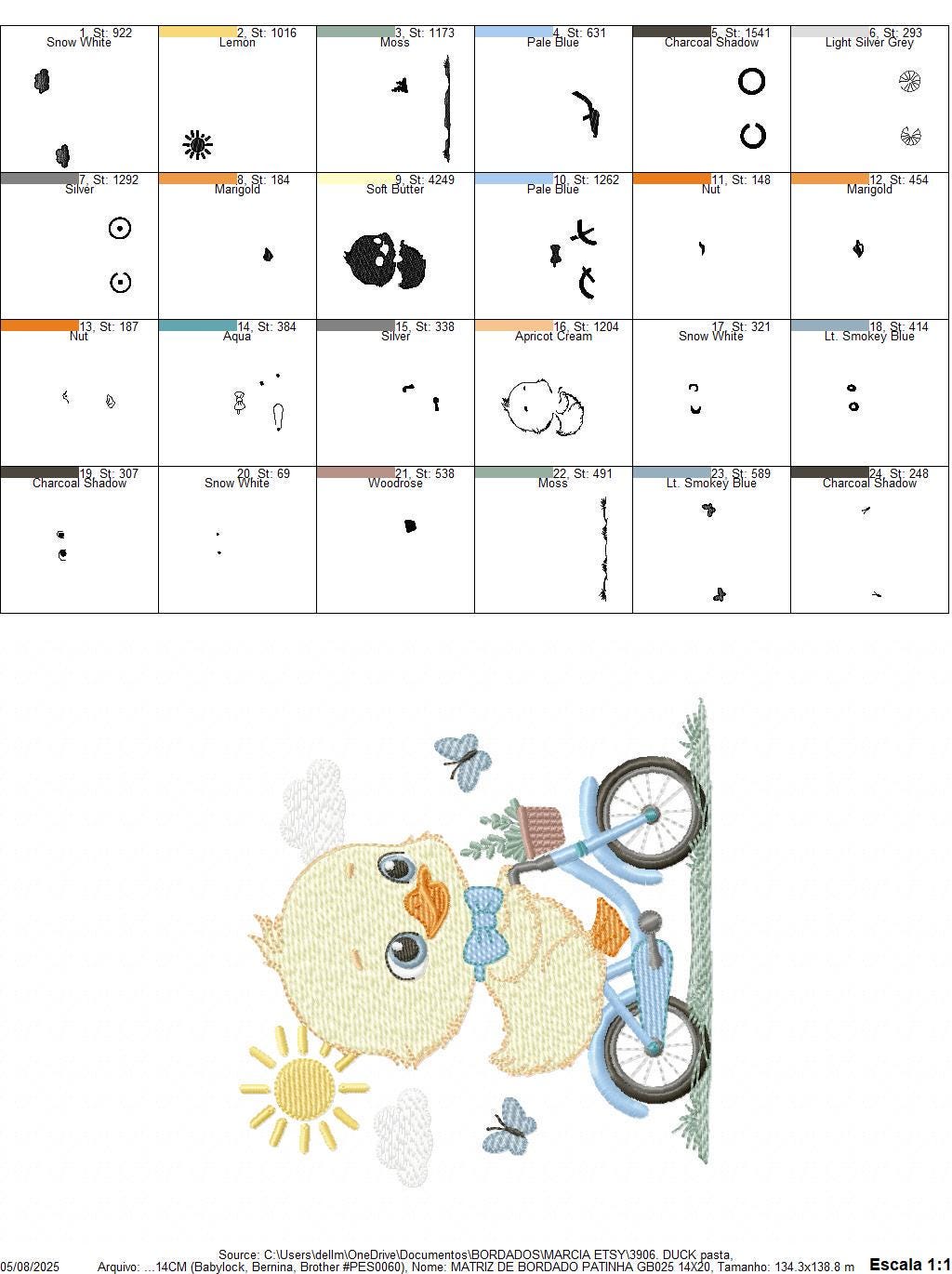 Duck embroidery design - Baby boy duck with bike machine embroidery pattern - Duck with bike and butterflies - Instant download pes jef dst