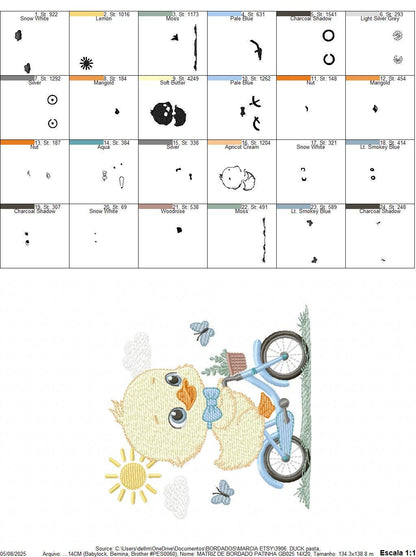 Duck embroidery design - Baby boy duck with bike machine embroidery pattern - Duck with bike and butterflies - Instant download pes jef dst