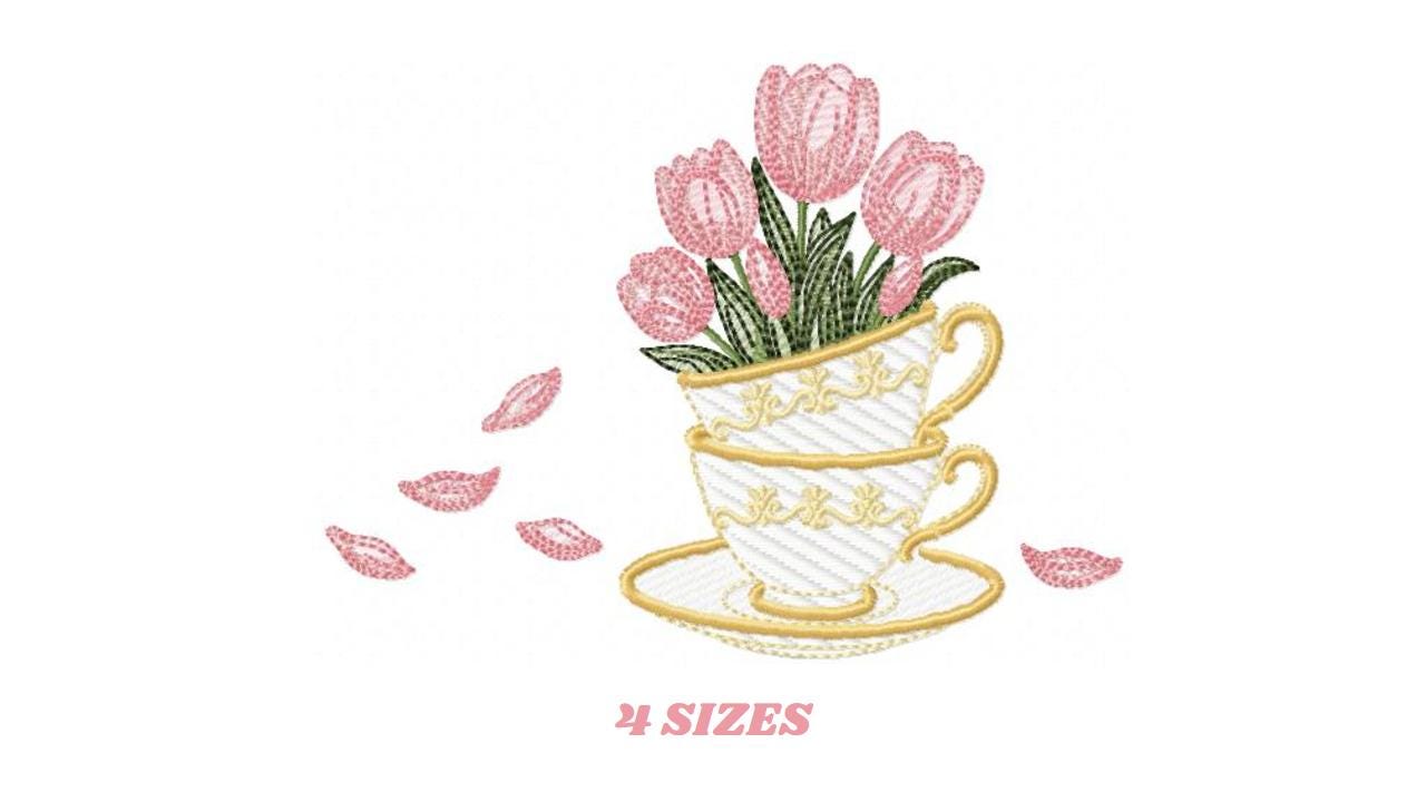 Coffee Cup with flower embroidery designs - Floral Kitchen Towel motiv machine embroidery pattern - Instant digital download pes dst jef hus