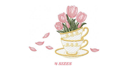 Coffee Cup with flower embroidery designs - Floral Kitchen Towel motiv machine embroidery pattern - Instant digital download pes dst jef hus