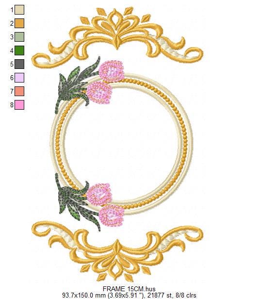 Monogram Roses Frame embroidery designs - Laurel with Flower machine embroidery pattern - Arabesque Golden wreath - Instant download pes jef