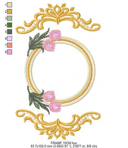 Monogram Roses Frame embroidery designs - Laurel with Flower machine embroidery pattern - Arabesque Golden wreath - Instant download pes jef