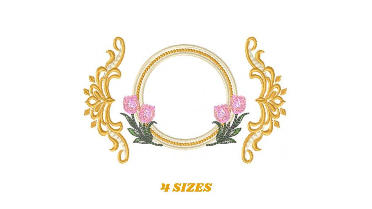 Monogram Roses Frame embroidery designs - Laurel with Flower machine embroidery pattern - Arabesque Golden wreath - Instant download pes jef
