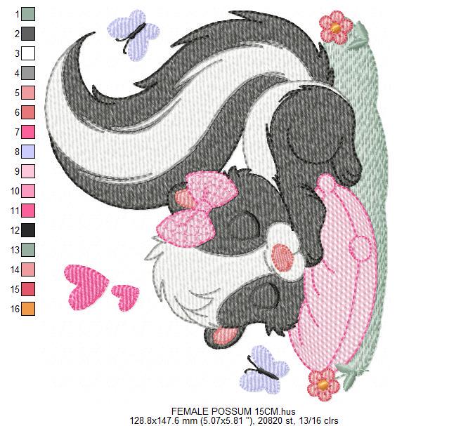 Female Possum with lace and butterflies embroidery design - Woodland Animal machine embroidery pattern - Instant digital download pes jef