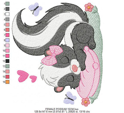 Female Possum with lace and butterflies embroidery design - Woodland Animal machine embroidery pattern - Instant digital download pes jef