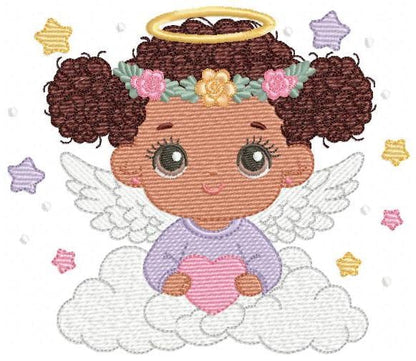Angel with wings and halo embroidery designs - Angelic Baby girl with cloud machine embroidery pattern - Girl with wings - Instant download