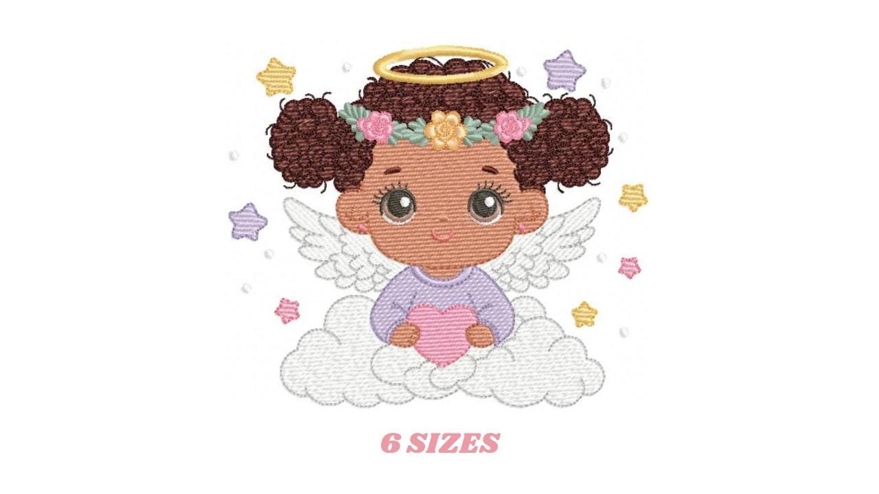 Angel with wings and halo embroidery designs - Angelic Baby girl with cloud machine embroidery pattern - Girl with wings - Instant download
