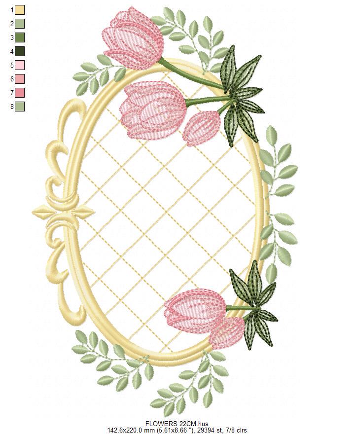 Tulip embroidery designs - Flower frame tag with roses machine embroidery pattern - Flower laurel file - Instant digital download pes jef