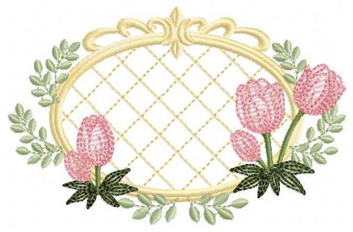 Tulip embroidery designs - Flower frame tag with roses machine embroidery pattern - Flower laurel file - Instant digital download pes jef