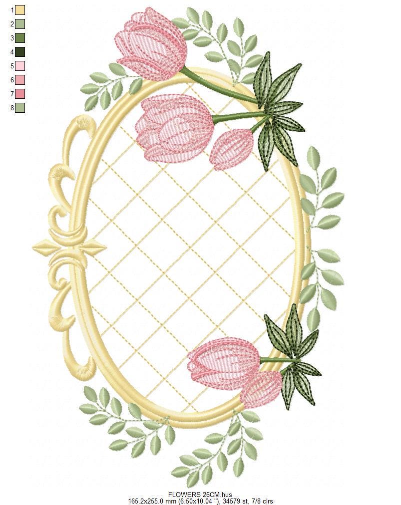 Tulip embroidery designs - Flower frame tag with roses machine embroidery pattern - Flower laurel file - Instant digital download pes jef