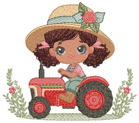 Girl with flower hat embroidery designs - Farmer embroidery design machine embroidery pattern - Tractor Girl embroidery - instant download