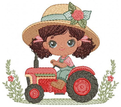 Girl with flower hat embroidery designs - Farmer embroidery design machine embroidery pattern - Tractor Girl embroidery - instant download