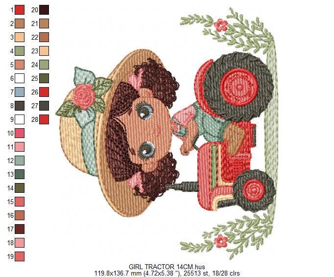 Girl with flower hat embroidery designs - Farmer embroidery design machine embroidery pattern - Tractor Girl embroidery - instant download