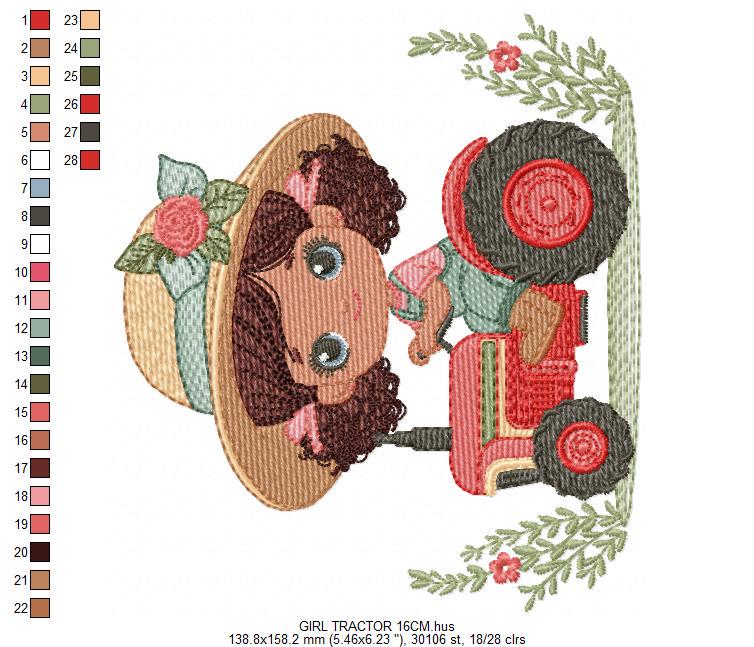 Girl with flower hat embroidery designs - Farmer embroidery design machine embroidery pattern - Tractor Girl embroidery - instant download