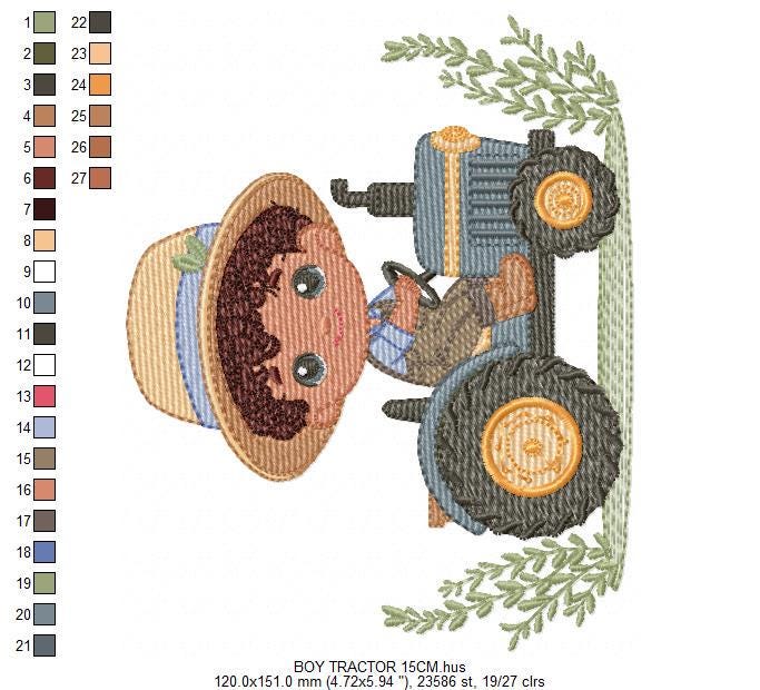 Boy with tractor embroidery designs - Baby Boy Farmer machine embroidery pattern - Tractor Child file - Instant download pes jef dst hus vp3