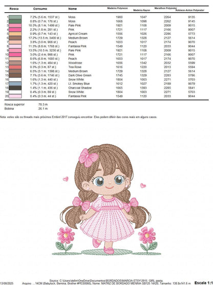 Princess embroidery designs - Girl with long hair and flowers machine embroidery pattern - Girl with lace and butterflies - Instant download