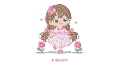 Princess embroidery designs - Girl with long hair and flowers machine embroidery pattern - Girl with lace and butterflies - Instant download