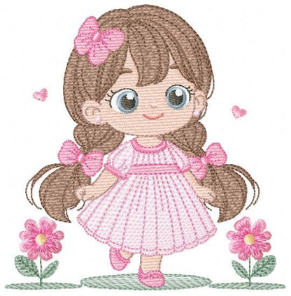 Princess embroidery designs - Girl with long hair and flowers machine embroidery pattern - Girl with lace and butterflies - Instant download