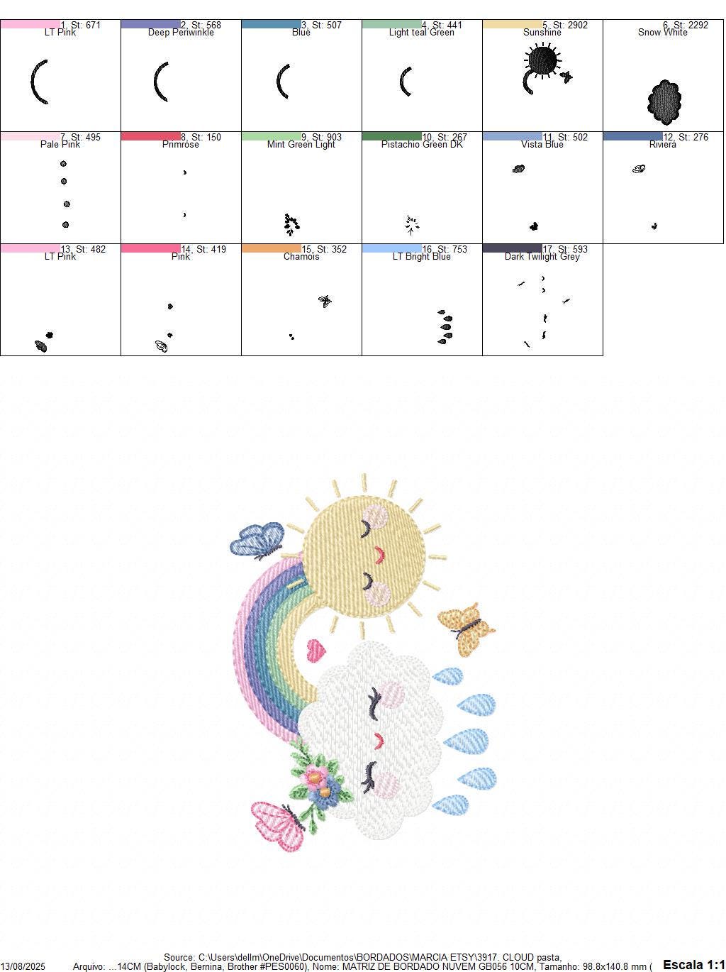 Rainbow embroidery design - Sun cloud and rain machine embroidery pattern - Baby girl file - Instant digital download pes jef dst hus vp3