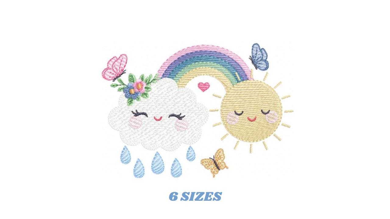 Rainbow embroidery design - Sun cloud and rain machine embroidery pattern - Baby girl file - Instant digital download pes jef dst hus vp3