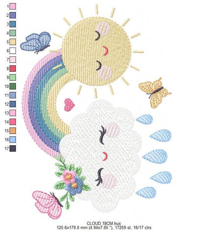 Rainbow embroidery design - Sun cloud and rain machine embroidery pattern - Baby girl file - Instant digital download pes jef dst hus vp3