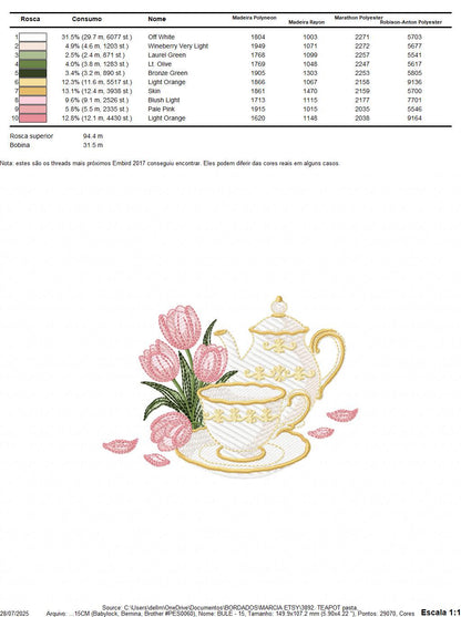Teapot with cup and plate with flowers embroidery design - Teacup with flowers machine embroidery pattern - Kitchen Towel - Instant download
