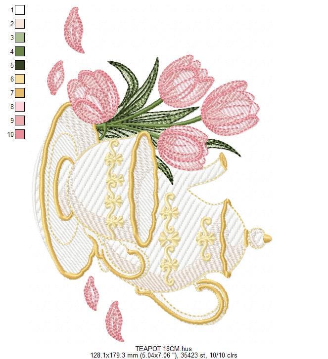 Teapot with cup and plate with flowers embroidery design - Teacup with flowers machine embroidery pattern - Kitchen Towel - Instant download