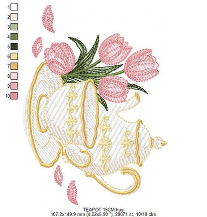 Teapot with cup and plate with flowers embroidery design - Teacup with flowers machine embroidery pattern - Kitchen Towel - Instant download