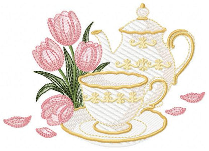 Teapot with cup and plate with flowers embroidery design - Teacup with flowers machine embroidery pattern - Kitchen Towel - Instant download