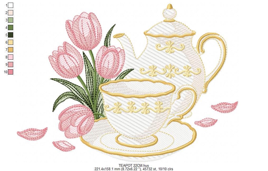 Teapot with cup and plate with flowers embroidery design - Teacup with flowers machine embroidery pattern - Kitchen Towel - Instant download