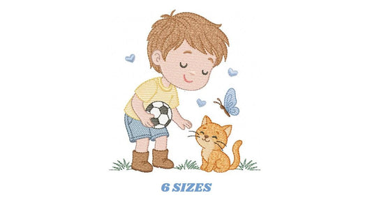 Baby boy embroidery designs - Soccer player with cat machine embroidery file - Boy with ball and cat file - Instant digital download pes jef