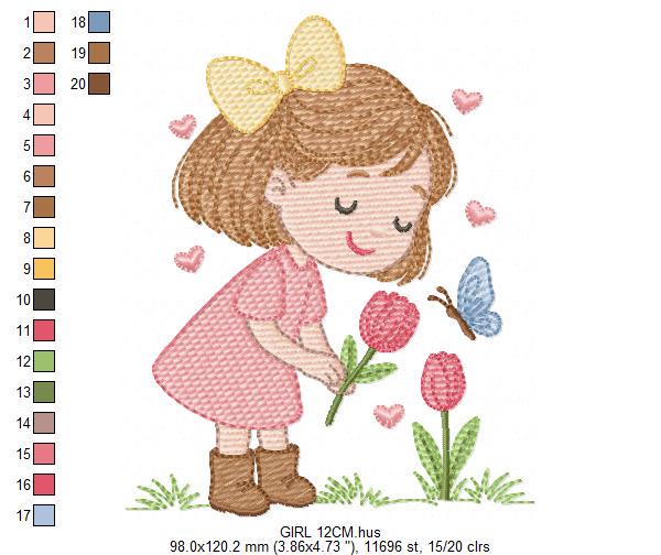 Baby girl embroidery designs - Girl with flowers and butterflies machine embroidery pattern - Princess embroidery - Instant digital download