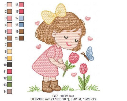 Baby girl embroidery designs - Girl with flowers and butterflies machine embroidery pattern - Princess embroidery - Instant digital download