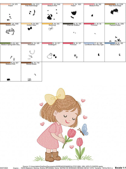 Baby girl embroidery designs - Girl with flowers and butterflies machine embroidery pattern - Princess embroidery - Instant digital download