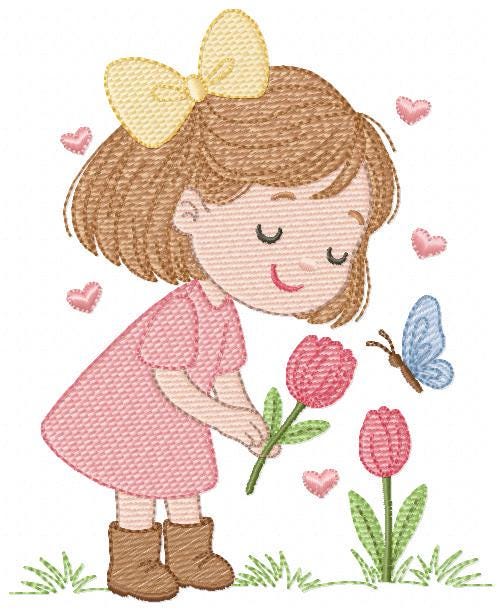 Baby girl embroidery designs - Girl with flowers and butterflies machine embroidery pattern - Princess embroidery - Instant digital download