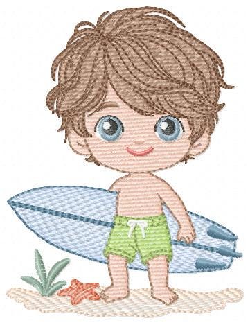 Surfer boy embroidery designs - Beach Swimmer with surferboard machine embroidery pattern - Baby Boy file - Instant digital download pes jef
