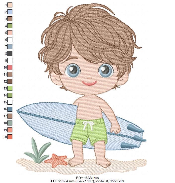 Surfer boy embroidery designs - Beach Swimmer with surferboard machine embroidery pattern - Baby Boy file - Instant digital download pes jef