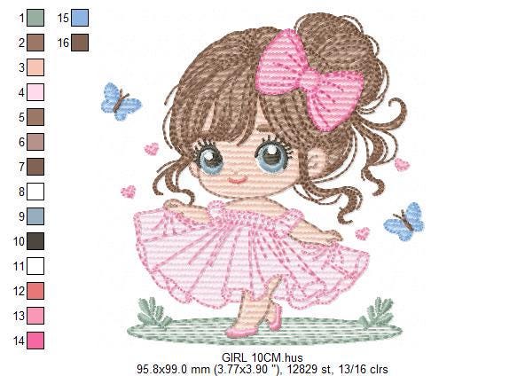 Baby girl with pink dress embroidery designs - Princess with long hair and lace machine embroidery pattern - Instant digital download pes