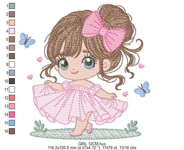 Baby girl with pink dress embroidery designs - Princess with long hair and lace machine embroidery pattern - Instant digital download pes