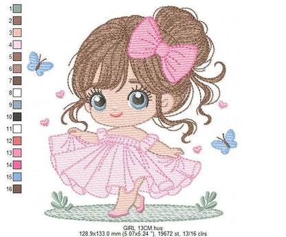 Baby girl with pink dress embroidery designs - Princess with long hair and lace machine embroidery pattern - Instant digital download pes