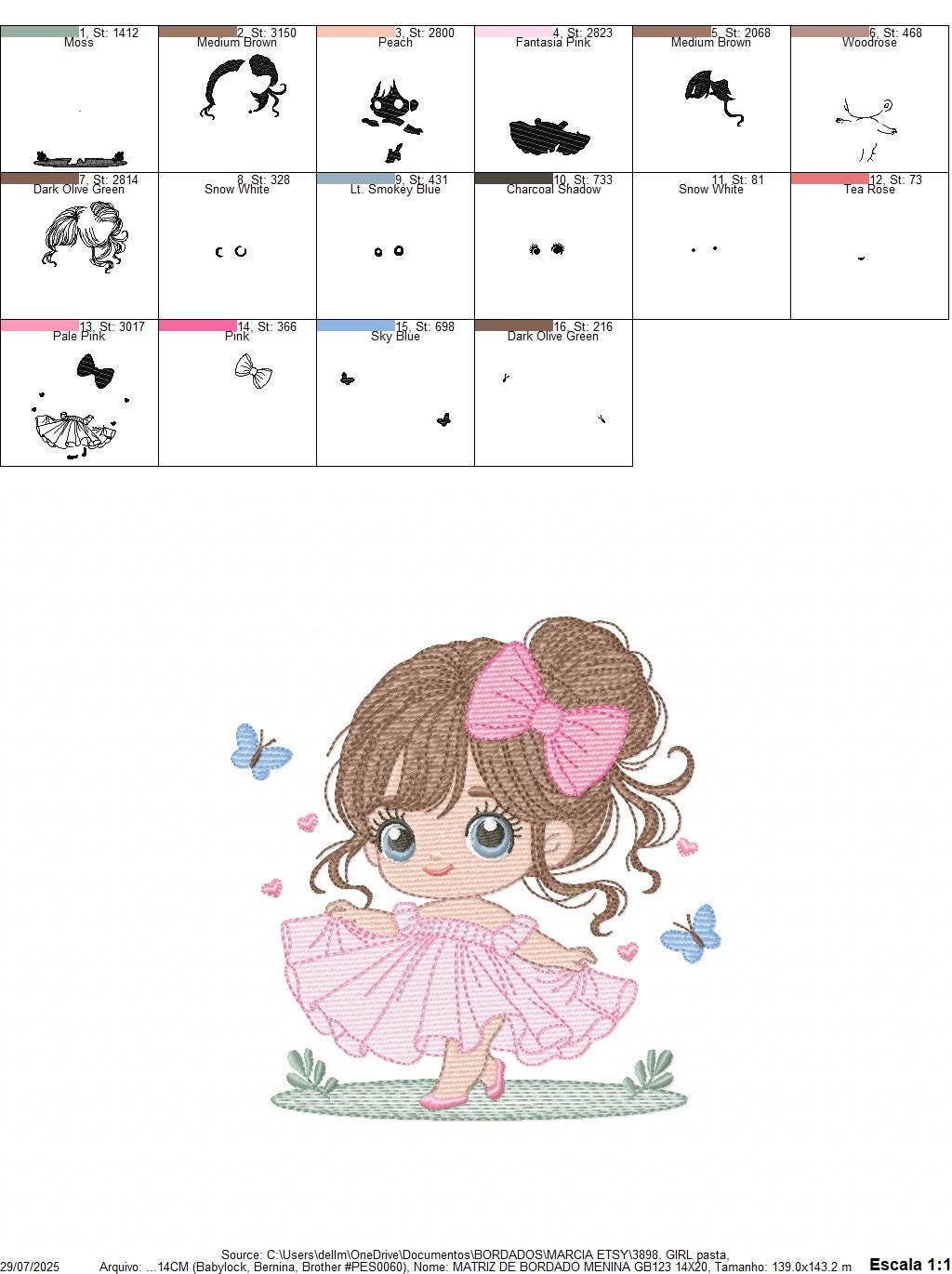 Baby girl with pink dress embroidery designs - Princess with long hair and lace machine embroidery pattern - Instant digital download pes